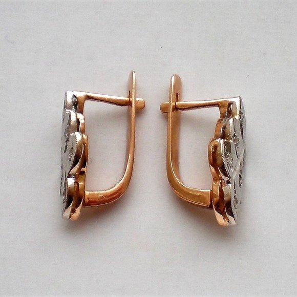 Vintage Soviet USSR Solid 14K 585 Rose Pink White Gold Diamond Cluster Earrings - Picture 4 of 7